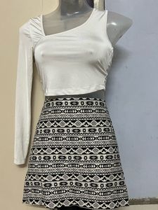 Corset One-Sleeve Top & Patterned Mini Skirt