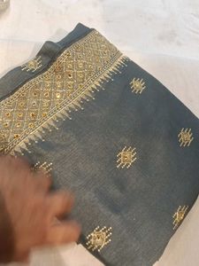 Cash Only Elegant Gray &amp; Gold Embroidered Saree