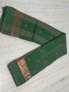 Green Tant Sari With Bronze Gold Border