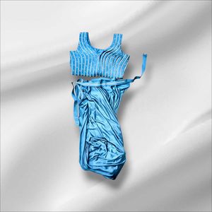 Elegant Blue Sleeveless Saree with stiched blouse.