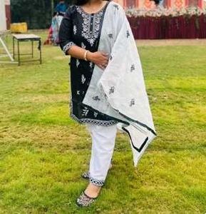 Black &amp; White Embroidered Kurti Set