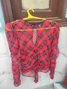Red Plaid Sheer Top