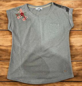 Embellished Grey T-Shirt with Floral Embroidery