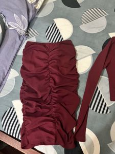 Burgundy Ruched Bodycon Midi Dress