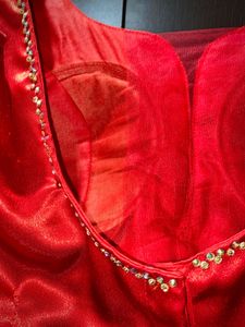 Red Satin Blouse with Intricate Beading