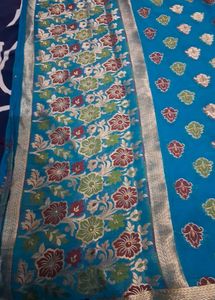 Blue Floral Design  zari work with minute stone