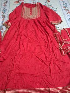 Red Embroidered Kurta Set