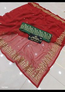 Elegant Red & Gold Embroidered Saree with Green Bl