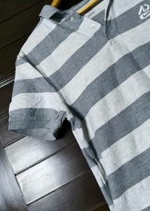 Nike Men Grey White Striped Cotton Polo Tshirt