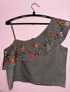 Floral Embroidered Checkered Top