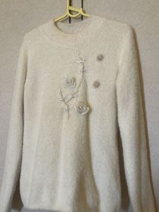 White Fuzzy Sweater with Floral Detail