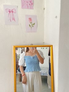 Blue Smocked Off-Shoulder Top