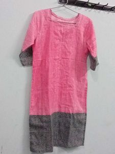 Pink Black Synthetic Cotton Girls Kurta