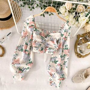 Floral Puff Sleeve Crop Top with Front Tie
