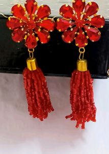 Earrings Red-Rub Crystal Tassel  (Red Stone Earrin