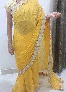 Yellow Chiffon Sarees With Studd Work