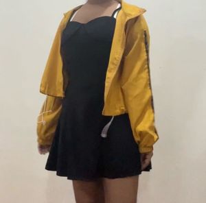 Strap Mini Black Dress Yellow Windbreaker Jacket