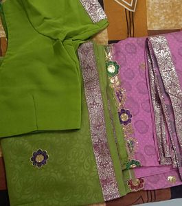 Elegant Pink &amp; Green Saree with stitched blouse