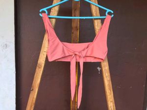 Coral Pink Polyester Crop Top.