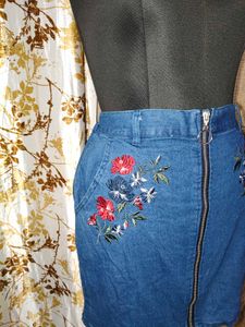 Floral Embroidered Denim Mini Skirt