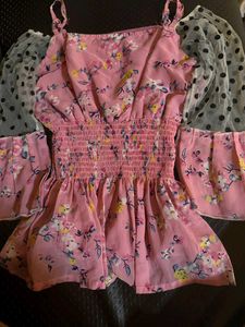 Pink Floral Top with Polka Dot Sleeves