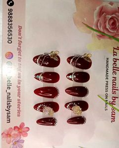 Premium Handmade Maroon Press-On Nails with Gems