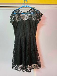 Elegant Black Lace Fit &amp; Flare Dress with Pearl De