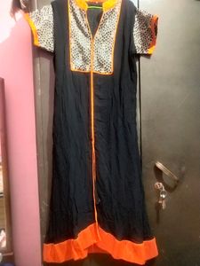 Long Kurti Orange And Black With GOlden Patch Work