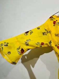 Gold-Toned Floral Dress. Embroidered Neck.