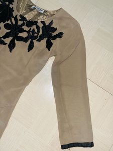 Elegant Beige Tunic with Black Embroidery