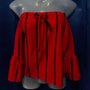 Red & Black Off-Shoulder Crop Top With Bell Sleeve