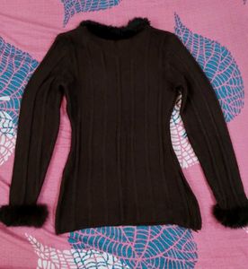 y2k trendy Brown Cable Knit Fur Trim Top