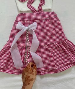 Imported Pink Gingham Pearl & Bow Accented Skirt