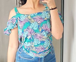 Tropical Print Cold Shoulder Top