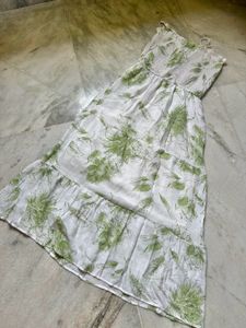 White And Green Printed Cotton Tied Dress