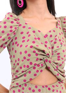 Beige Jumpsuit With Pink Podka Dots.