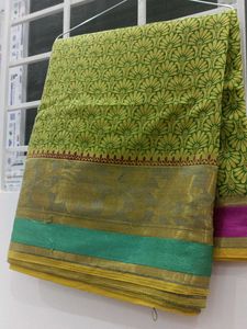 Very Pretty Parrot Green Cotton Silk Saree