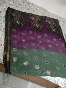Purple and Green Embroidered Saree