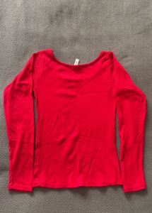 Red Ribbed Scoop-Neck Long Sleeve Top