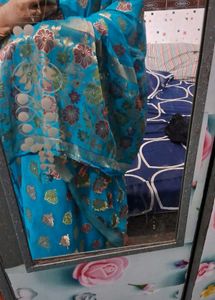 Blue Floral Design  zari work with minute stone