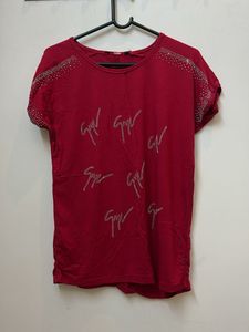 Red Embellished Women's T-Shirt