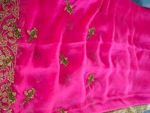 Pink With Gold Embroidery Sarees (Women&#39;s)