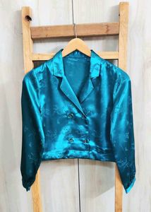Teal Satin Floral Cropped Top size-32