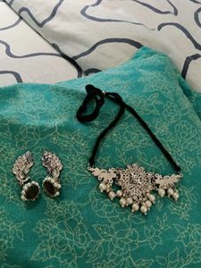 antique silver oxidised necklace and earring set