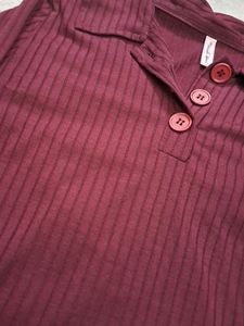 Wine Red Ribbed Collared Top