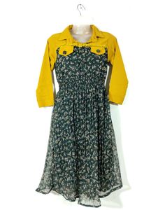 Dark Green Floral Printed Collar Neck Dress
