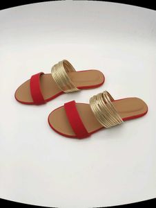 Red And Gold Flat Sandals.