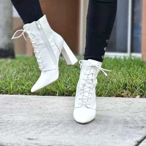 SHEIN Pointed Toe Chunky High Heel Lace Up Boots