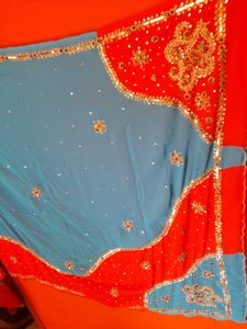 Orange Blue Embellished Heavily Lacha Saree Blouse
