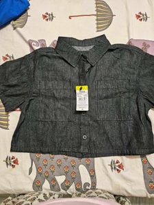 Gray Denim Crop Top - Short Sleeve Button-Down